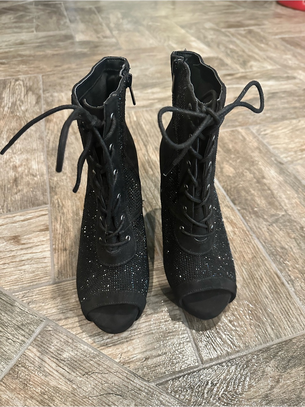 torrid Black Lace-Up Peep Toe Ankle Boots with Sparkle